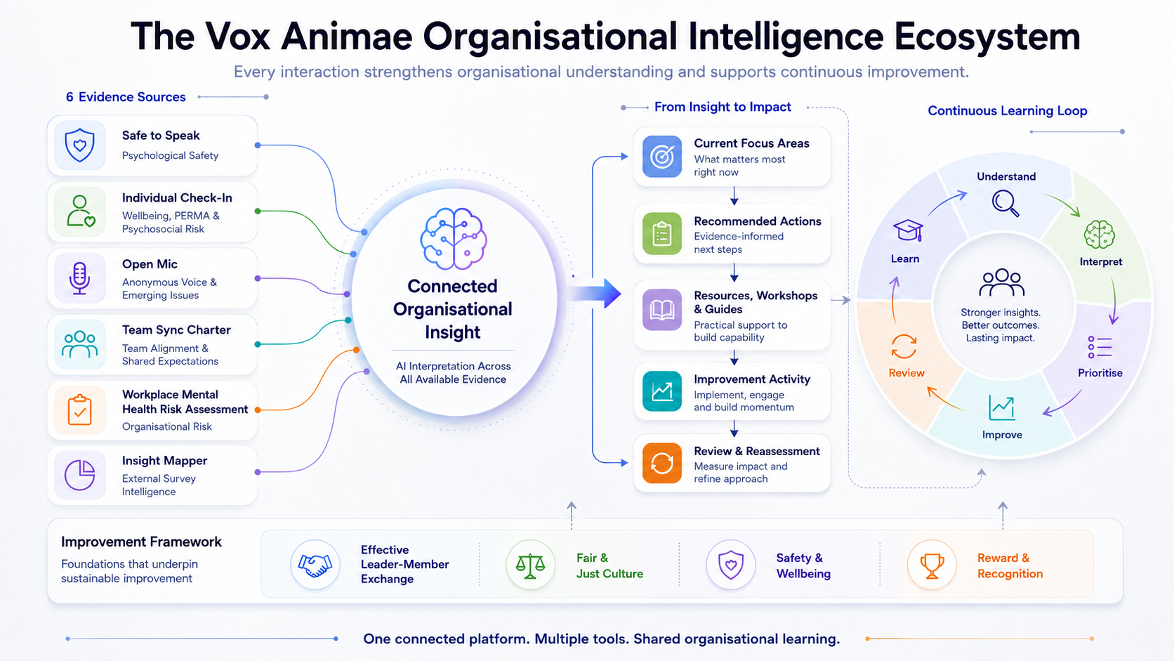 Diagram of the Vox Animae Organisational Intelligence Ecosystem showing six evidence sources feeding a connected insight engine, an insight-to-impact pathway, a continuous learning loop, and four improvement framework foundations.